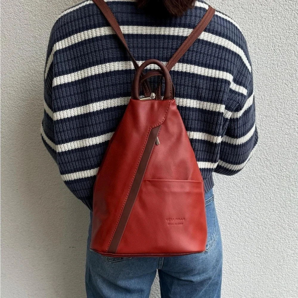 Vera Pelle Genuine Soft Italian Leather Backpack/Rucksack Shoulder Bag, Red/Tan